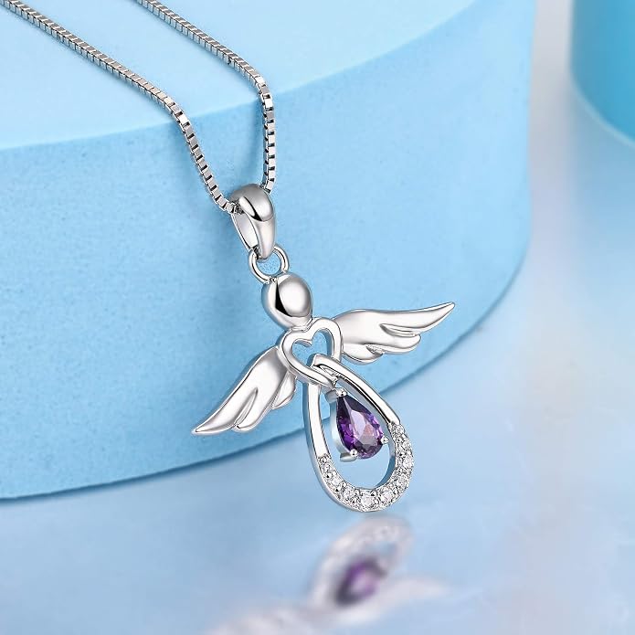 FJ Guardian Angel Necklace 925 Sterling Silver Birthstone Pendant Angel Jewelry Gifts for Women