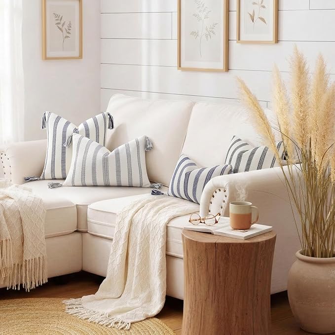 Smile Bee Boho Outdoor Couch Throw Pillow Covers Set of 2, Decorative Thick Woven Striped Accent Neutral Pillow Covers with Tassels for Bed Sofa Home Decor, 18x18 Inch, Black and Cream White | Woven Cozy Boho Decorative Modern Farmhouse Accent Pillow C...
