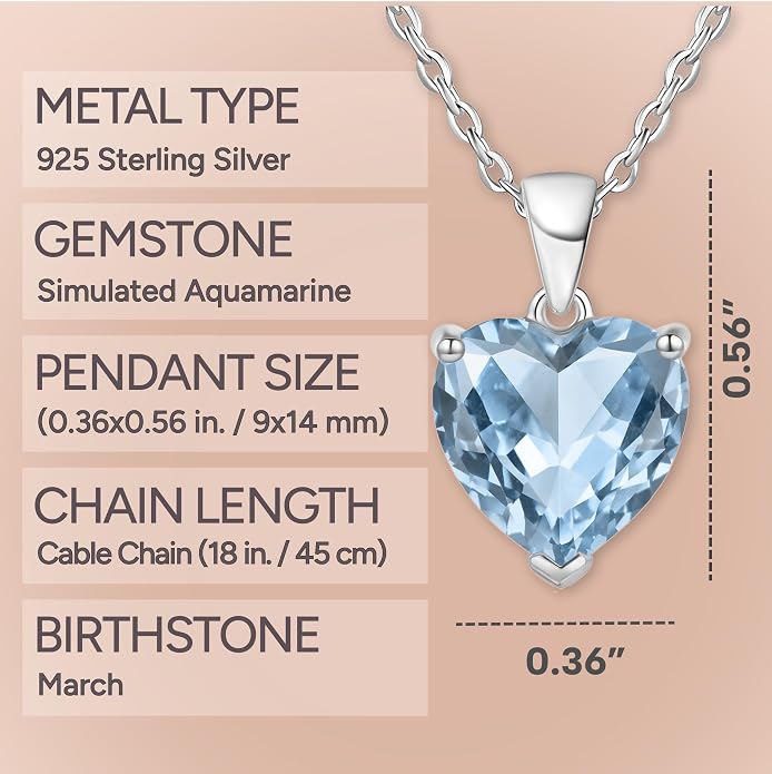 ADITA GOLD Bithstone Heart Necklace for Women with 925 Sterling Silver Chain, Simulated Birthstone Pendant, Jewelry