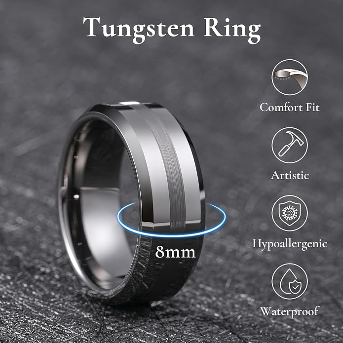 King Will Classic Tungsten Carbide Ring Brushed Two Grooved Center Hammered Design Mens Wedding Band for Men