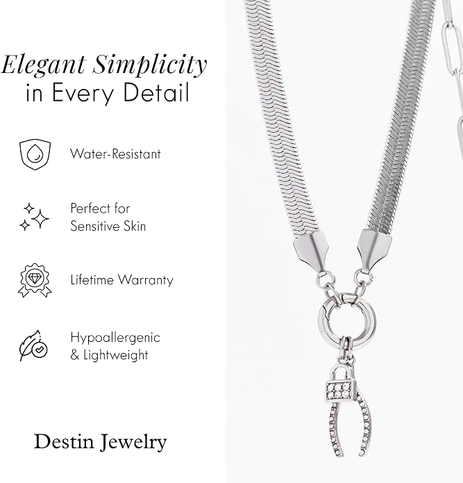 Destin Jewelry 18K Gold Plated Herringbone Necklace for Women and Men, Waterproof Flat Snake Chain, Stainless Steel Non Tarnish Layering Necklace
