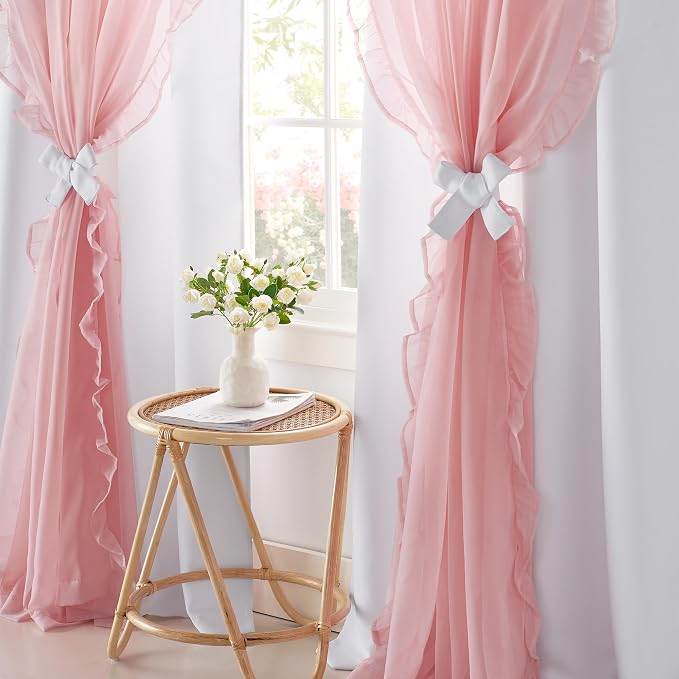 PONY DANCE Shabby Chic Curtains for Bedroom Double Layer Ruffle Sheer Overlay with Tiebacks French Country Drapes for Room Decor, 52" W x 84" L, White-Pink, 2 Pieces
