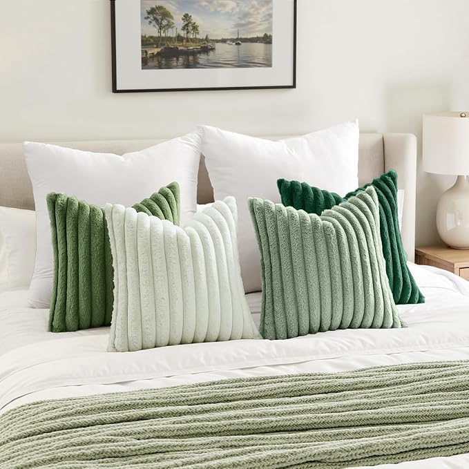 MIULEE Faux Fur Plush Decorative Throw Pillow Covers 20x20 Set of 4, Spring Modern Soft Fuzzy Striped Cushion Covers for Sofa Couch Bed Living Room Cozy Home Decor,Green