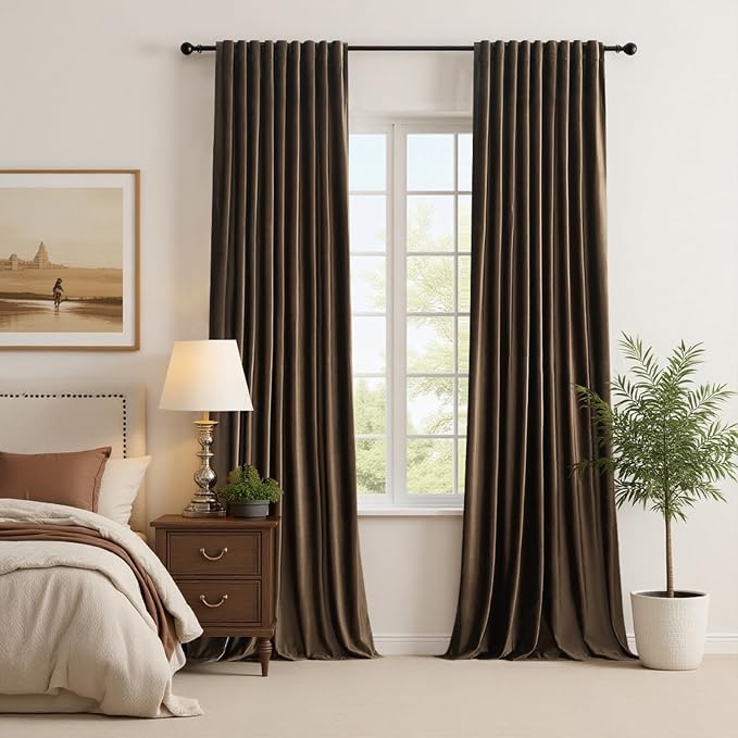 PRIMROSE 100% Full Blackout Brown Velvet Curtains 120 inch Long for Living Room,Set of 2 Liner Rod Pocket Back Tab Thermal Window Curtains Room Darkening Heavy Decorative Curtains Drapes for Bedroom