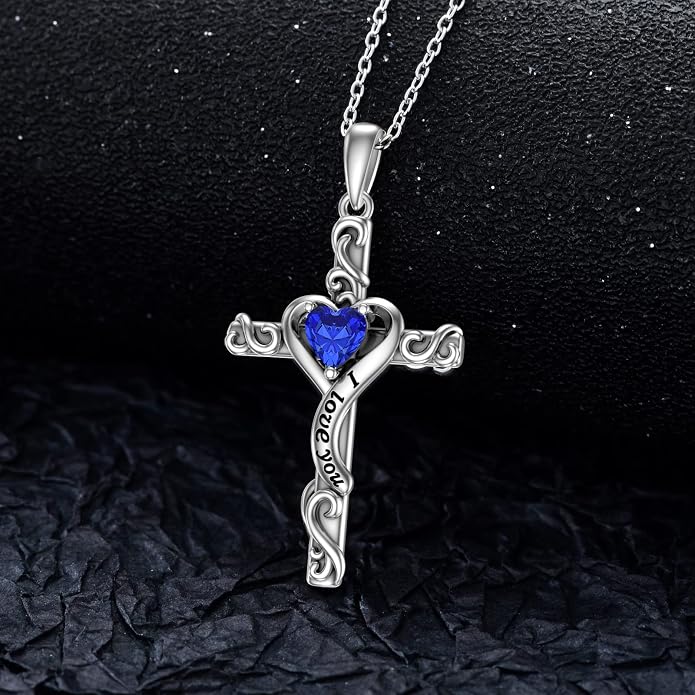 TOUPOP Cross Birthstone Necklace for Women 925 Sterling Silver Heart Cross Pendant I Love You Jewelry Anniversary Birthday Mothers Day Gifts for Mom Wife Her