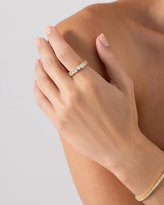 PAVOI 14K Gold Plated Heart Ring for Women - Heart-Shaped Cubic Zirconia Eternity Rings for Women - Stackable Wedding Band for Brides - Cute Valentines Day Love Promise Jewelry Gifts