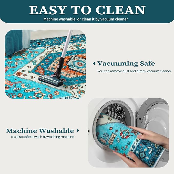 SERISSA Boho Area Rug 5x7 Blue, Washable Rugs for Living Room, Ultra Soft Non-Slip Bedroom Rug Print Distressed Vintage Tribal Farmhouse Carpet Rug for Dining Room Dorm Office Home Decor
