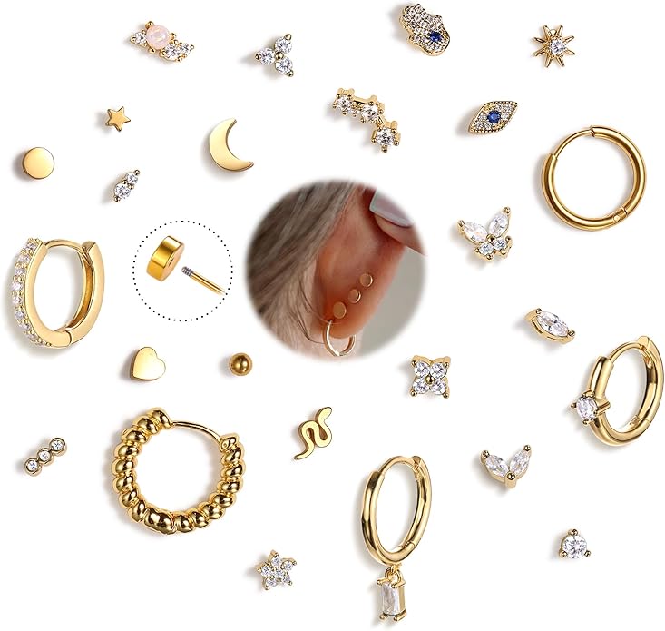 KRFY 25Pcs/17 Pairs Hypoallergenic Surgical Steel Earrings for Sensitive Ears 14K Gold Plated Flat Back Cartilage Earrings for Women Men Screw Back Flatback Stud Hoop Earring Set for Multiple Piercing