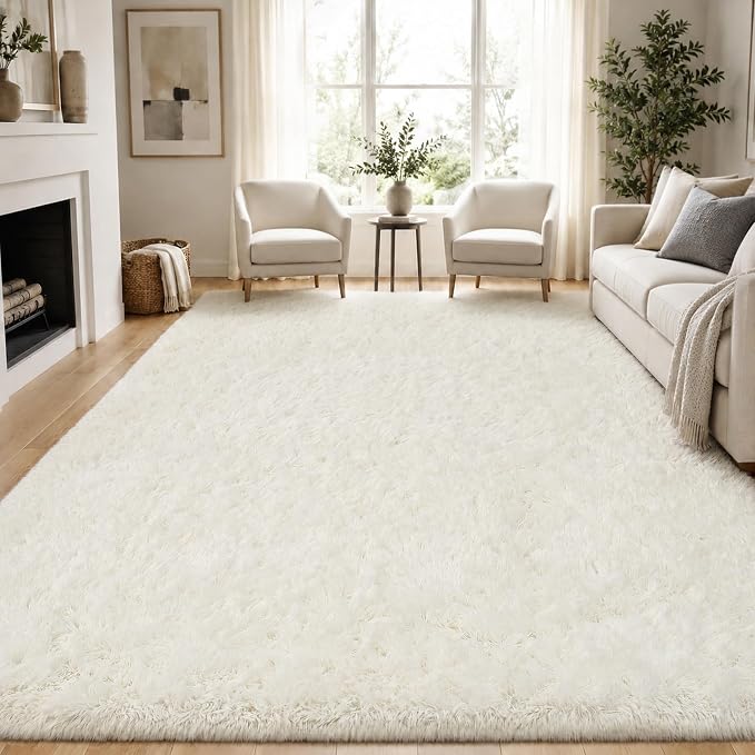 8x10 Area Rugs for Living Room Bedroom: White Soft Fluffy Shag Upgrade Non-Slip High Pile Carpet Large Fuzzy Plush Indoor Floor Decor Shaggy Rug for Kid Boys Girls Dorms Playroom Nursery Modern Home