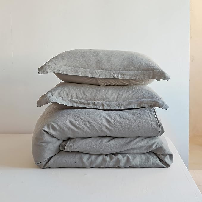 Simple&Opulence 100% Linen Duvet Cover Set 3pcs Basic Style Natural French Washed Flax Solid Color Soft Breathable Farmhouse Bedding with Button Closure - Ultimate Grey, Queen