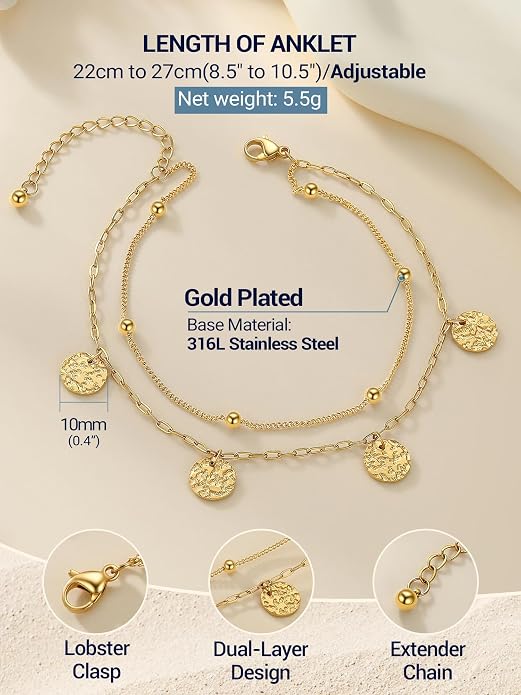 PROSTEEL Ankle Bracelets for Women Waterproof, Layered Stainless Steel Summer Beach anklets, Silver/Gold 8-10.5 Inch Adjustable, Come with Box