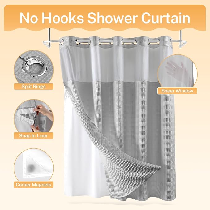 River Dream Cotton Blend Fabric Shower Curtain Set with Liner, Gray, 71x86 | Waffle Weave, No Hook Needed, with Snap in Replacement Liner, Top Sheer Window, Hotel Quality for Bathroom, Extra Long