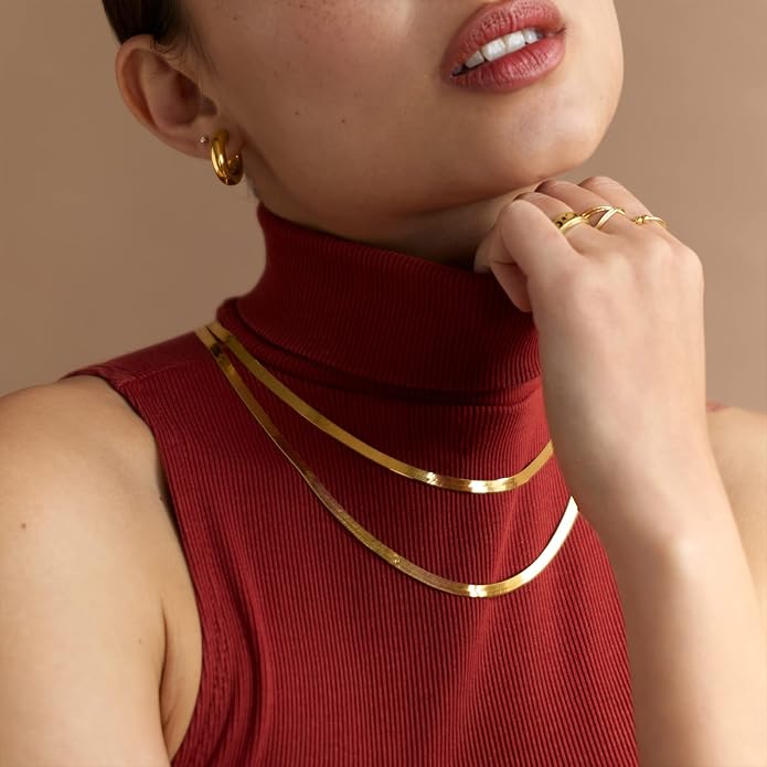 PAVOI 22K Gold Plated Chain Necklace For Women | Italian Solid 925 Sterling Silver Necklace for Men | Cuban Link, Rope, Snake & Rope Diamond-Cut Herringbone | Trendy Unisex Jewelry