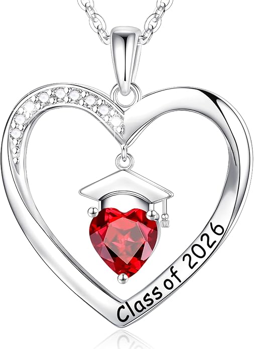 Anoup 2026 Graduation Gifts - 925 Sterling Silver Heart Birthstone Necklace Class of 2026 College High School Graduation Gifts for Women Her