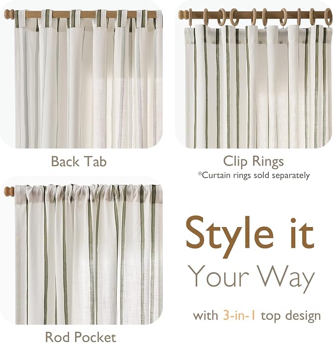 Vangao Striped Curtains Green on White Semi Sheer Curtains 63 Inches Long for Bedroom Living Room Modern Farmhouse Linen Textured Light Filtering Drapes 2 Panels Olive Green W50 x L63 Inch