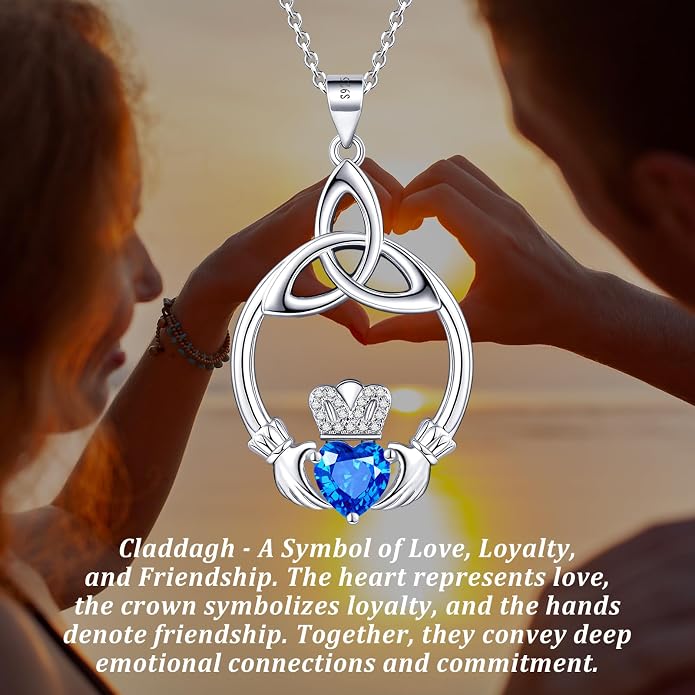 Gift Birthstone Necklaces for Women 925 Sterling Silver Irish Claddagh Necklace for Women Heart Birthstone Pendant Necklace Anniversary Birthday Gifts for Wife Lady Cable Chain 18"+2"