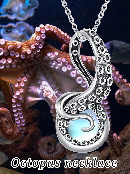 Octopus Tentacles Necklace with Gemston 925 Sterling Silver Octopus Pendant for Women Ocean Jewelry Gift for Women