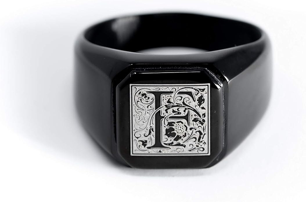 Jewelry | Stainless Steel Letter Alphabet Initial Ring | Square Flat Top Ring for Men & Women | Stainless Steel Jewelry, (Black, Gold, Silver), Size 7-16