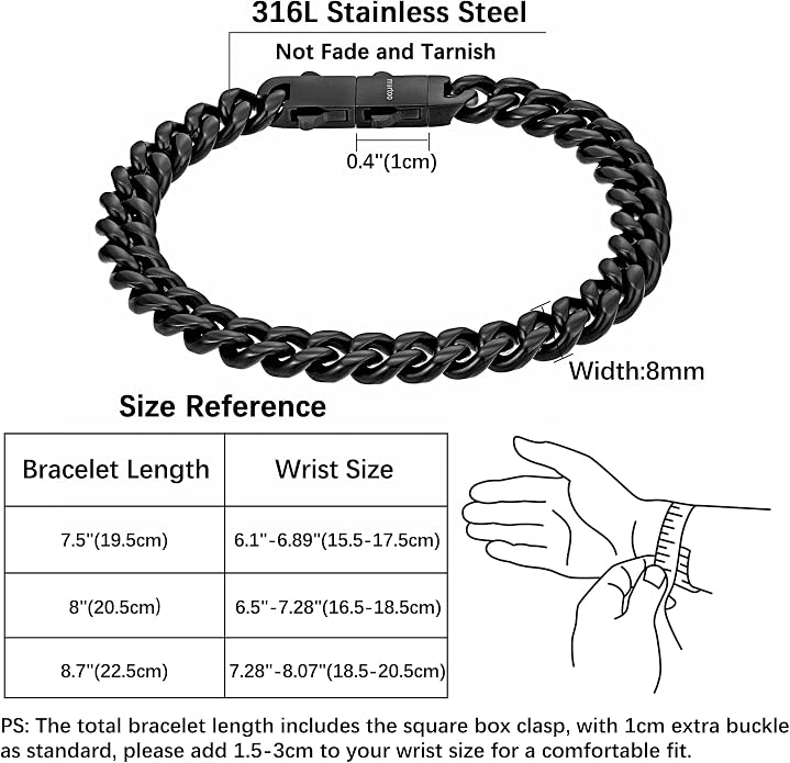 murtoo Mens Cuban Link Chain Bracelet, 6/8/12MM Stainless Steel Bracelets for Men Silver Black Gold, Hip Hop Link Bracelet with Detachable Clasp Gift for Men Him