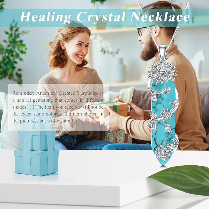 Healing Crystal Necklace 925 Sterling Silver Sunflower/Tree of Life Wrapped Pendant Reiki Energy Jewelry for Women