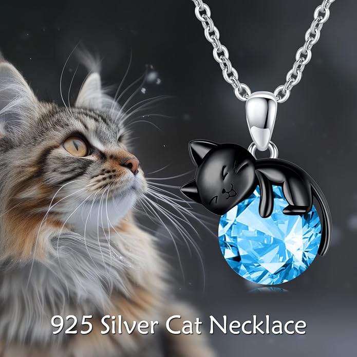 Cat Necklace Sterling Silver Cat Zircon Pendant Gothic Jewelry for Women Animal Lovers Gifts