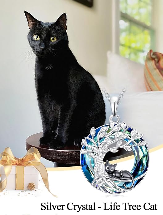 TOUPOP Cat Necklace Gifts for Women Sterling Silver Celtic Mounatin Moon Pendant with Blue Crystal Birthday Christmas Jewelry Gifts for Women