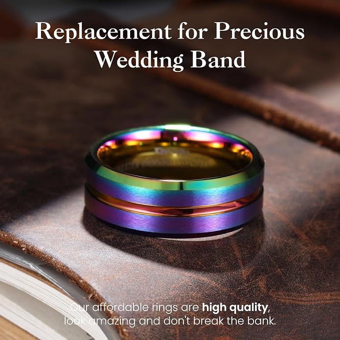King Will Mens 8mm Rose Gold Groove/Gold Loop/Black Cross Groove Tungsten Carbide Wedding Ring Line Flat Pipe Cut Brushed Polished Comfort Fit 7-14