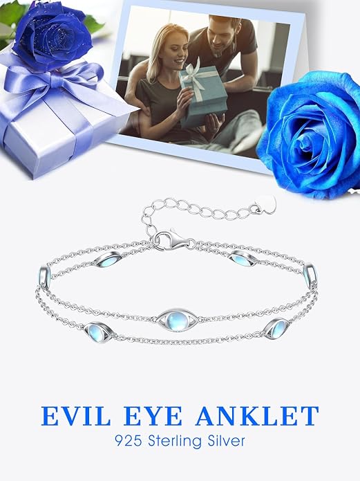 925 Sterling Silver Ankle Bracelet Evil Eye/Dolphin/Sea Turtle/Infinity/Wave Seashell/Hamsa Ankle Bracelet Adjustable Summer Beach Ocean Jewelry for Women