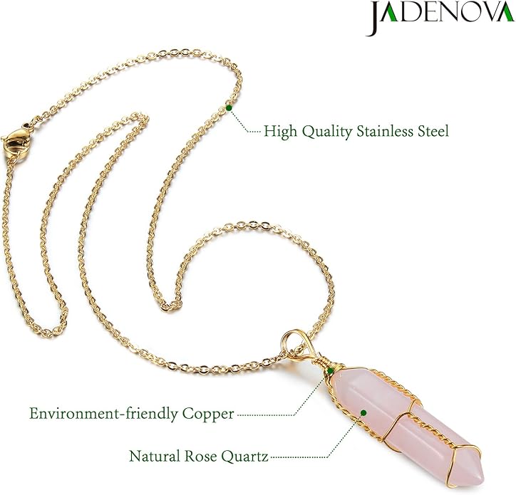 JADENOVA Full Wire Wrapped Energy Healing Crystal Gemstone Pendant Necklace 18" Stainless Steel Chain