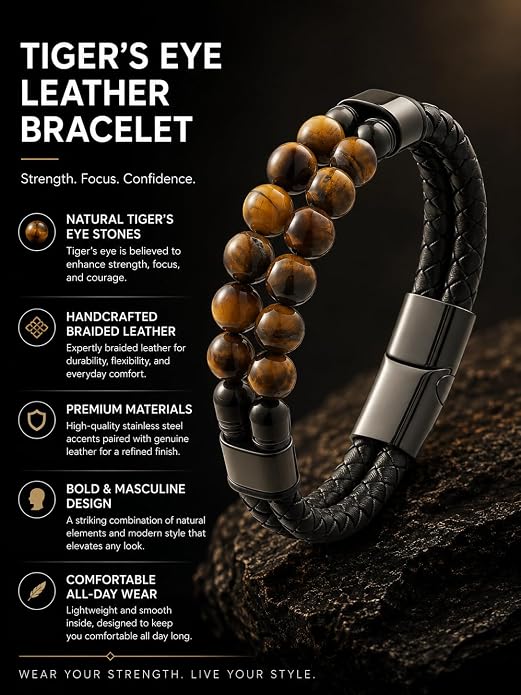 Black Braided Leather Bracelet for Men with Turquoise, Lapis Lazuli, Tiger Eye, Obsidian Stone Double-Row Wristband Beads with Stainless Steel Clasp Fashion Jewelry Gift for Him