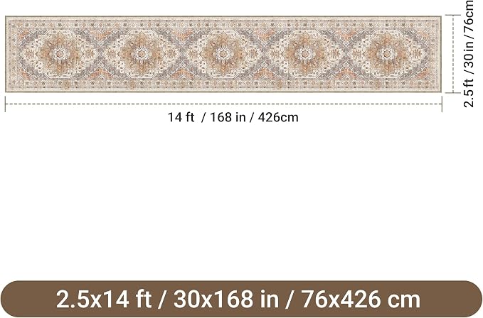 2'6" x 14'Non Slip Runner Rugs - Runners for hallways, Kitchen,Entryway,Stain Resistant Washable Rugs for Bedroom, Indoor Vintage Area Rugs (Turmeric/Grey,2'6" x 14')