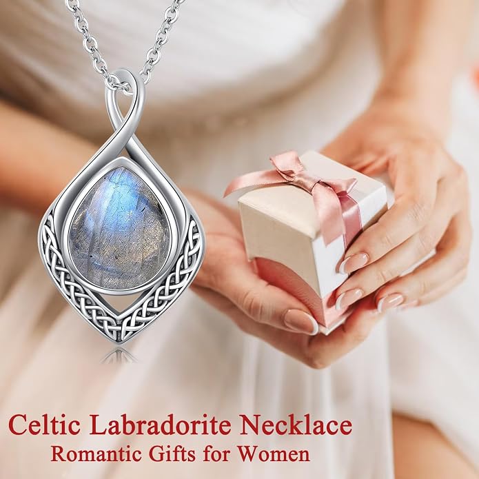 PELOVNY Celtic Knot Necklaces for Women 925 Sterling Silver Gemstone/Birthstone Teardrop Infinity Necklace Irish Celtic Pendant Jewelry Gifts for Mom Daughter Wife