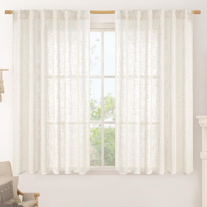 LAMIT 40 Inch Linen Semi Sheer Curtains for Small Window, Light Filtering Neutral Drapes Farmhouse Boho Back Tab and Rod Pocket Panels, Cream, 2 Panels, 52 x 40 Inch