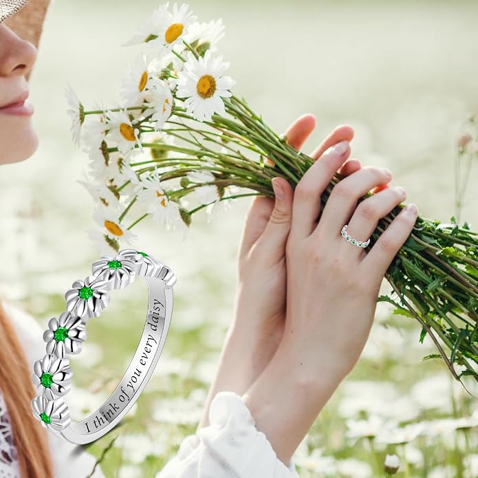 Dainty Daisy Ring for Women, S925 Sterling Silver Cubic Zirconia Sunflower Flower Ring For Daughter, I Think Of You Every Daisy Ring, Birthstone Flower Ring