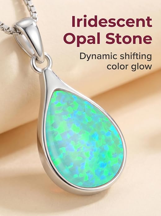 Teardrop Opal Necklace for Women - 925 Sterling Silver October Birthstone Pendant Necklace, Dainty Pear Shape Gemstone Jewelry Gif for Her, Adjustable Box Chain
