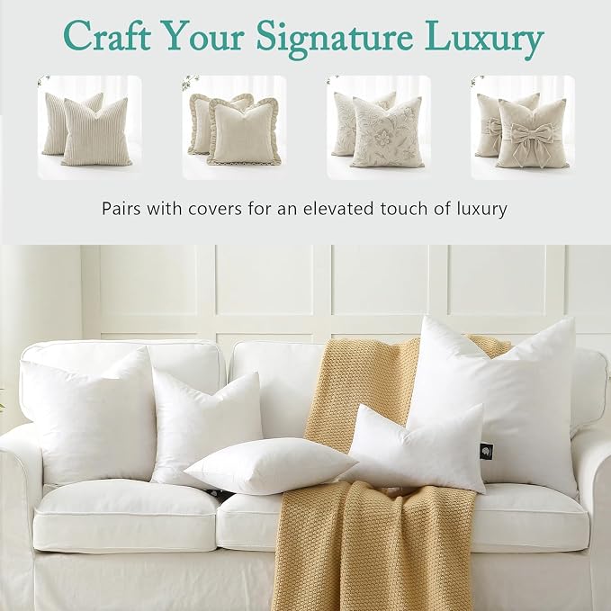 BPC Luxury Feather Down 28x28 Pillow Inserts Set of 2, Soft Fluffy Throw Pillow Inserts, 100% Organic Cotton Cover, Square Pillows for Couch, Living Room, Bed, Sofa
