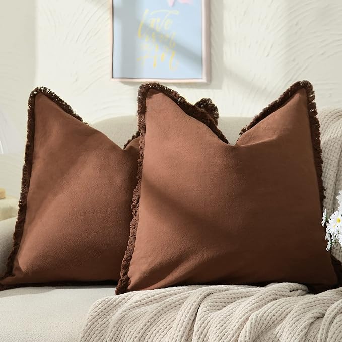 ZWJD Pillow Covers 18x18 Set of 2 Coffee Throw Pillow Covers with Fringe Chic Cotton Decorative Pillows Square Cushion Covers for Sofa Couch Bed Living Room Farmhouse Boho Decor