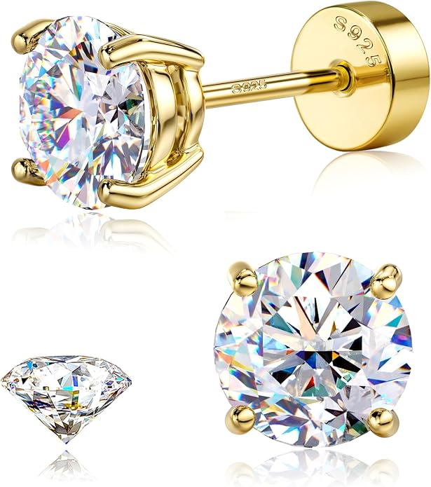 GEMQUEEN Moissanite Earrings Studs : 18K Gold Plated Solid 925 Sterling Silver Stud Earring for Women Men Hypoallergenic Dainty Moissanite Jewelry for Sensitive Ears Round Cut D Color VVS1 2-7.5mm