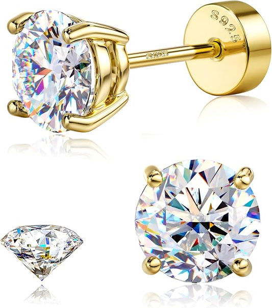 GEMQUEEN Moissanite Earrings Studs : 18K Gold Plated Solid 925 Sterling Silver Stud Earring for Women Men Hypoallergenic Dainty Moissanite Jewelry for Sensitive Ears Round Cut D Color VVS1 2-7.5mm