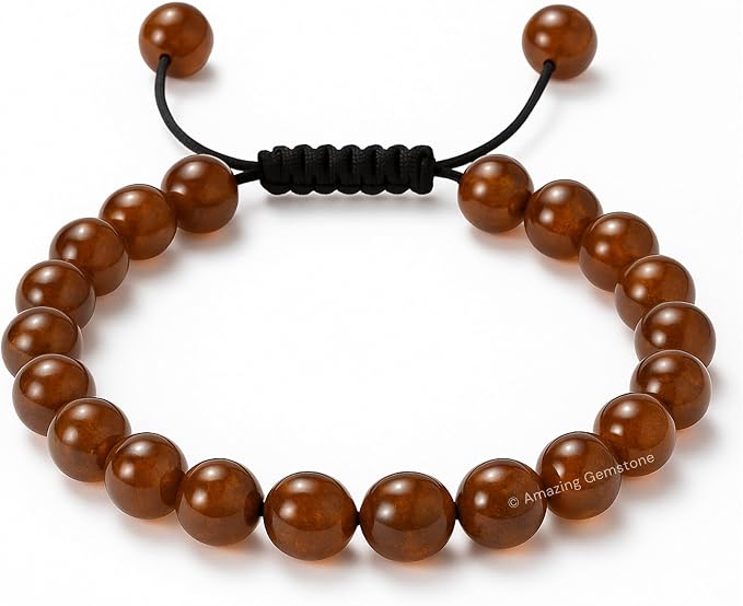 Amazing Gemstone Hessonite Garnet Bracelet, Gifts for Men & Women - Protection Healing Crystal Bracelet - 8mm Gemstone Beaded Adjustable Bracelet, Pulseras para Hombres Mujer Stocking Stuffers