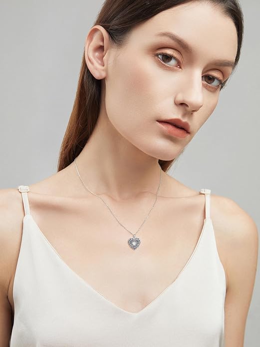 Locket Pendant Necklace for Women, 925 Sterling Silver Dainty Photo Necklace, Christmas Valentine's Day Mother's Day Memorial Jewelry Gifts (With Gift box)