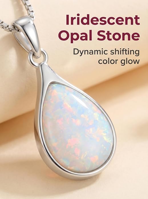 Teardrop Opal Necklace for Women - 925 Sterling Silver October Birthstone Pendant Necklace, Dainty Pear Shape Gemstone Jewelry Gif for Her, Adjustable Box Chain
