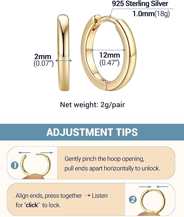 PROSTEEL Hoop Earrings for Women, Huggie Hoop with 925 Sterling Silver Post, 8/10/12/14/16/18/20mm Small Huggie Hoops, 14K Gold Plated/Silver/Black/Rose Gold Hypoallergenic Earrings Jewelry