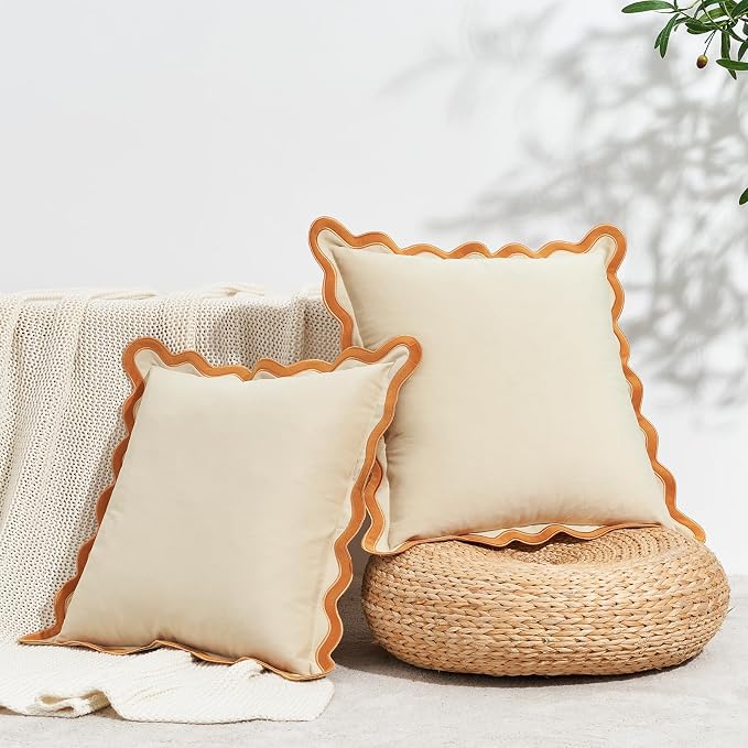 MONDAY MOOSE Decorative Throw Pillow Covers Cushion Cases, Set of 2 Soft Velvet Scalloped Wavy Edge Designs, Mix and Match for Home Decor, Pillow Inserts Not Included (22x22 inch, Honey/Cream)
