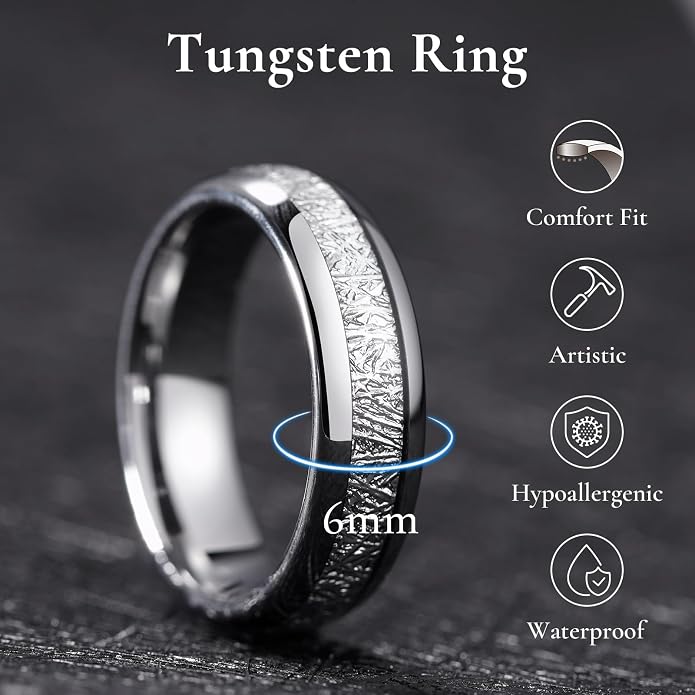 King Will Tungsten Rings for Men Meteorite Carbon Fiber Wood Inlay Mens Wedding Engagement Band Domed Polished