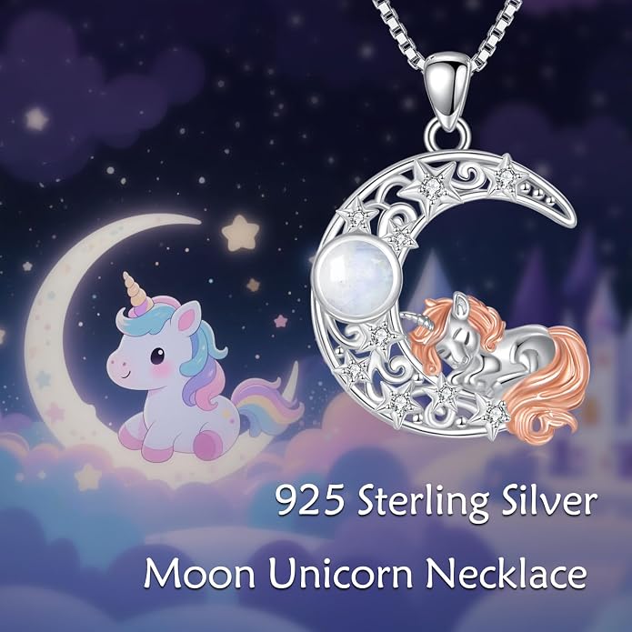 Crescent Moon Necklace with Unicorn, 925 Sterling Silver Natural Moonstone Pendant, Celestial Fantasy Jewelry Gift for Women