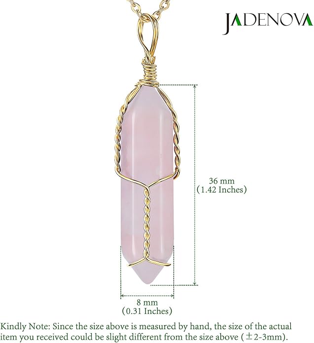 JADENOVA Full Wire Wrapped Energy Healing Crystal Gemstone Pendant Necklace 18" Stainless Steel Chain