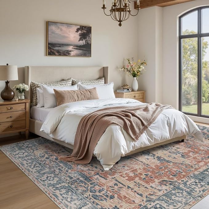 Rugxara Area Rugs 5x7 Washable Rug for Living Room Bedroom, Coral Blue | Non Slip, Rug for Dining Room Office Farmhouse Dorm, Stain Resistant, Soft, Vintage Boho Retro Carpet, Low Pile, Home Decor