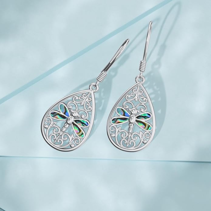 VONALA Abalone Shell Filigree Earrings 925 Sterling Silver Half Butterfly/Dragonfly Teardrop/Long/Vintage Abalone Shell Drop Dangling Earrings Bohemian Jewelry Gifts for Women