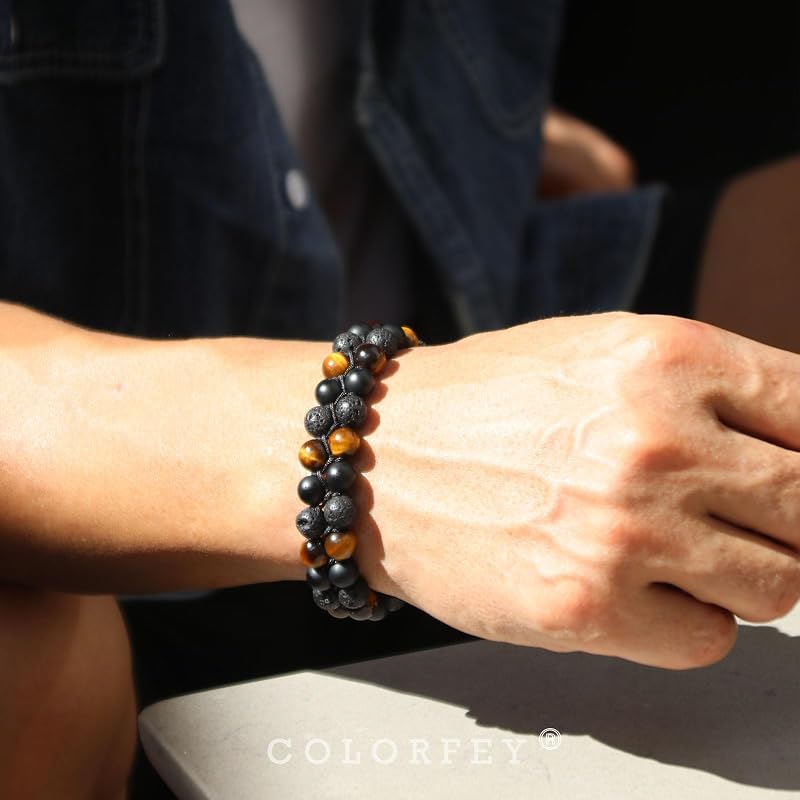 Triple Protection Bracelet for Men Women, Authentic Mens Bracelet Genuine Tiger Eye Black Onyx Lava Rock Crystal Bracelets, 8”Adjustable Beaded Bracelet for Men Grounding and Confidence